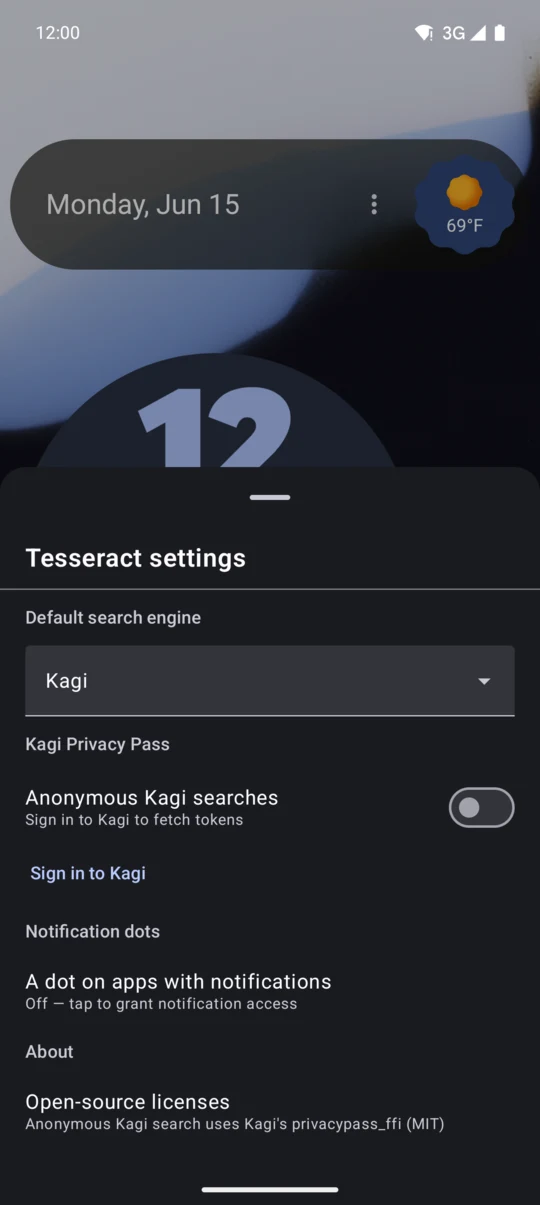 Tesseract settings showing anonymous Kagi search